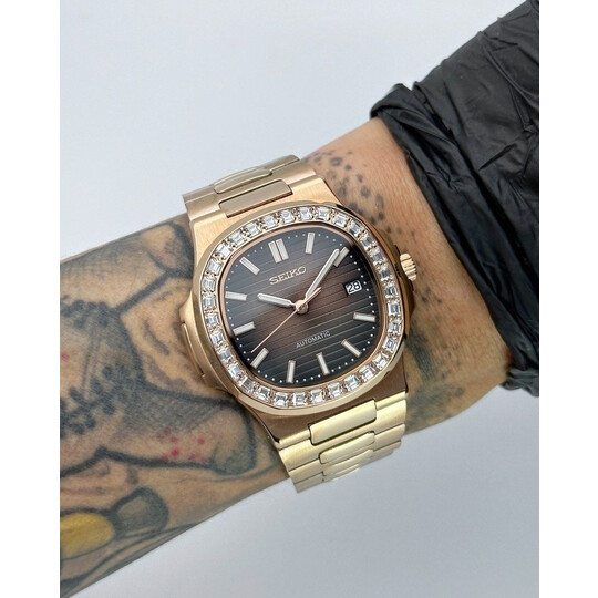 Custom Seiko Mod • Brown Vignette Rose Gold Diamond Nautilus • 40mm